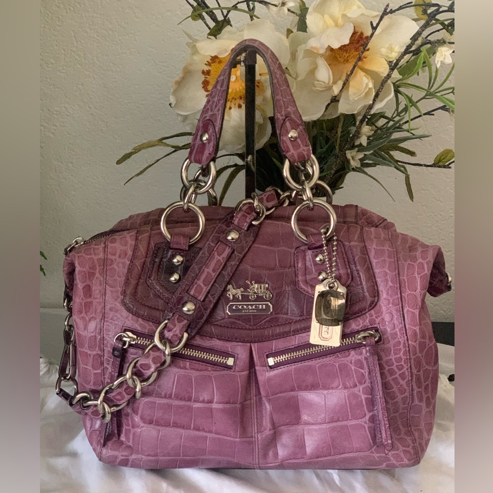 RARE HTF Coach Pink Madison Audrey Croc-Embossed Leather SATCHEL / Shoulder Bag - Picture 2 of 11